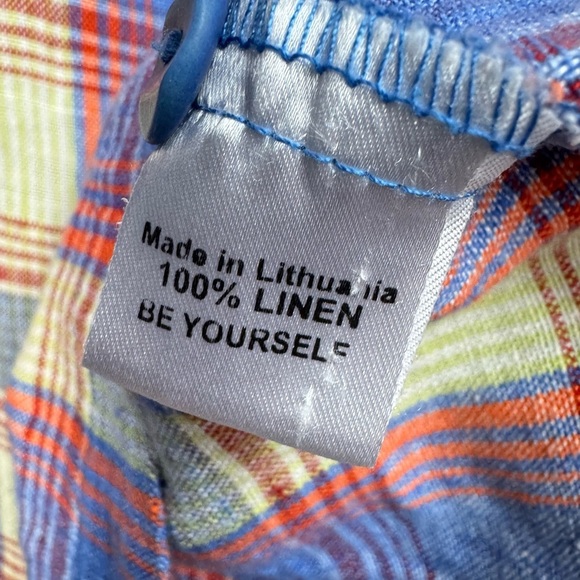 Flax Size Small Swing Tunic Top Blue Orange Plaid 100% Linen Back Button Design - Picture 7 of 8